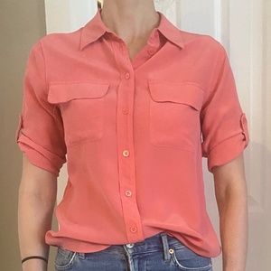 Equipment silk short-sleeve button blouse XS Coral